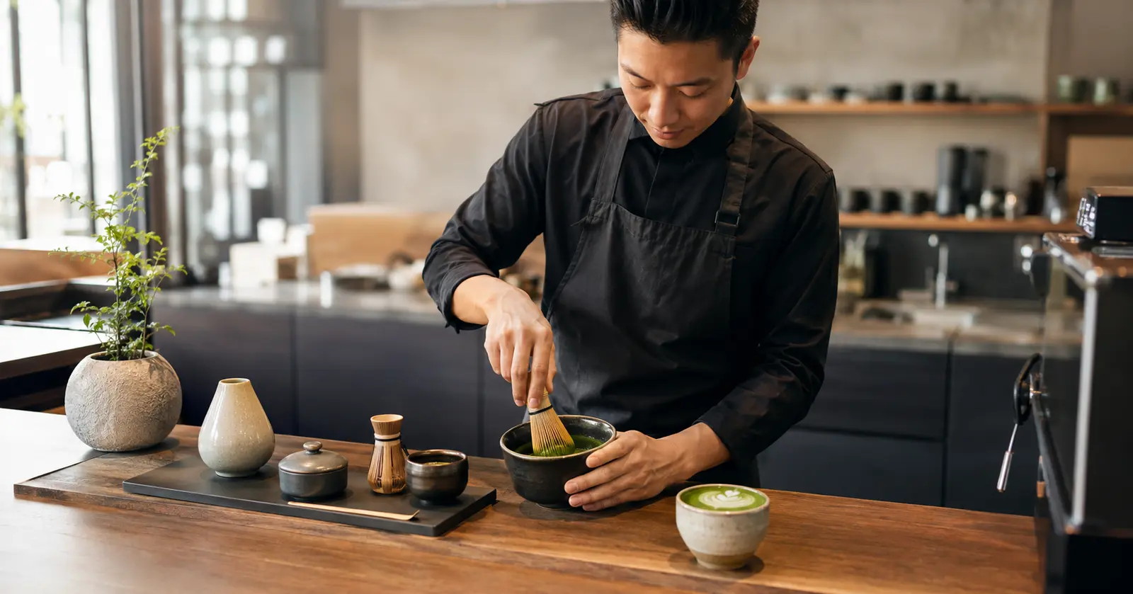 Professional barista preparing matcha in a café
