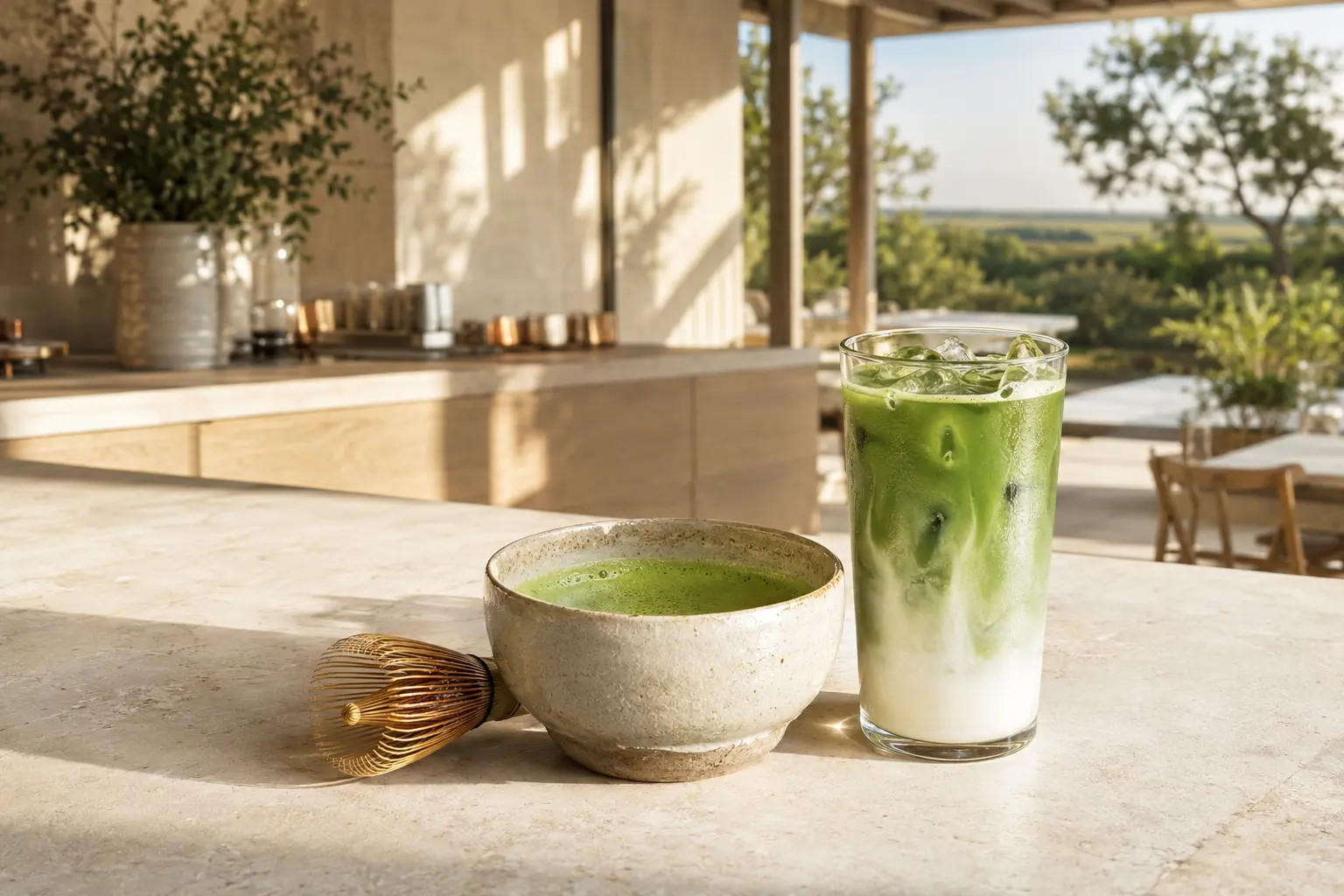 Japanese matcha and matcha latte in a modern café