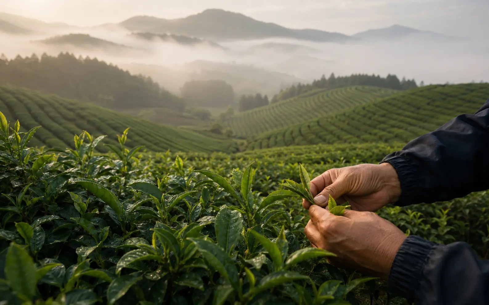 Tea harvesting in a Japanese tea field