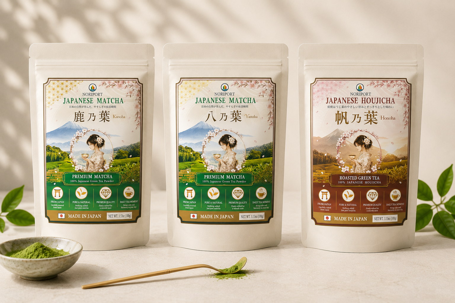 KANOHA and YANOHA Japanese matcha and HONOHA Japanese hojicha retail pouches