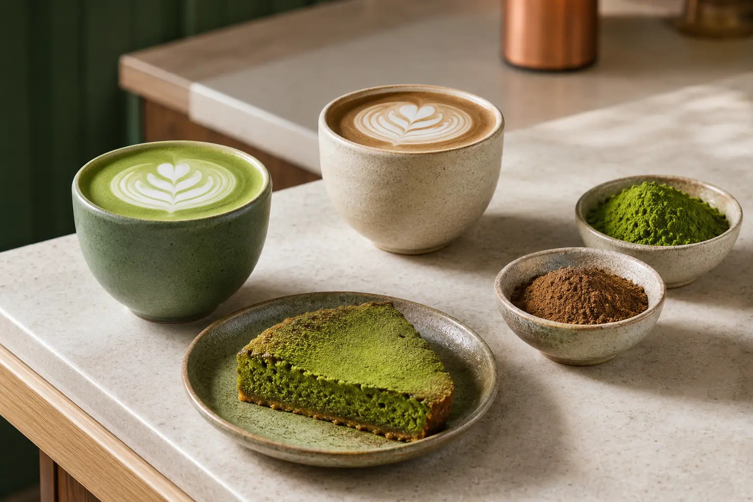 Matcha latte, hojicha latte, tea powders, and matcha dessert applications